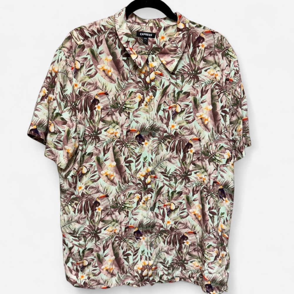 Express Men’s Multi-Colored Tropical Flower and Toucan Print Shirt